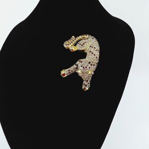 Leopard Rhinestone Brooch Gold Tone Big Cat Statement Piece Shoulder Stunning